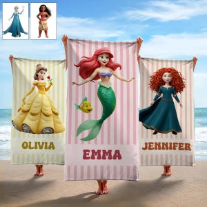 Personalisierte Prinzessin Striped Strandtuch, Cartoon Prinzessin Kindertuch, schnell trocknendes Badetuch für Sommer-Strandausflug Urlaub ipatudsn20457