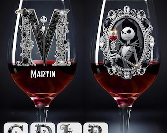 Verre à vin alphabet personnalisé squelette cauchemar avec longue tige, lettre initiale Jack verre à vin rouge gothique, cadeau pour lui ipatujak00262