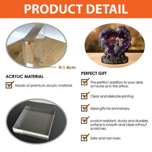 May include: Product detail image showing an acrylic block, a heart-shaped sculpture with a couple, and text. The acrylic block is 1.4cm high. The sculpture has a purple heart-shaped crystal with a couple inside. Text includes "Acrylic Material" and "Perfect Gift".