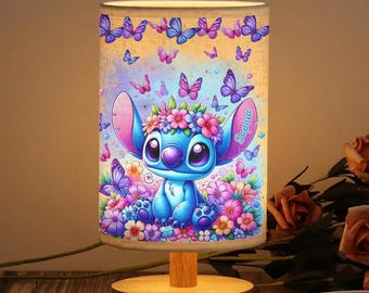 Personalized Butterfly Stitch Table Lamp with Wood Base, Cute Hawaii Beach Vibe Night Light, Ohana Means Family Cartoon Light ipatusth00035