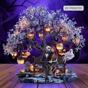 May include: A decorative Halloween-themed figurine featuring Jack and Sally from The Nightmare Before Christmas, seated on a bench under a tree with lanterns and pumpkins. The base reads "Till Death Do Us Part."