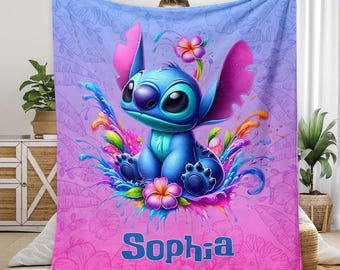 Ohana Means Family Personalized Ohana Blanket, Blue Monster Gradient Fleece Blanket, Stitch Birthday Anniversary Blanket for Fan sth6007