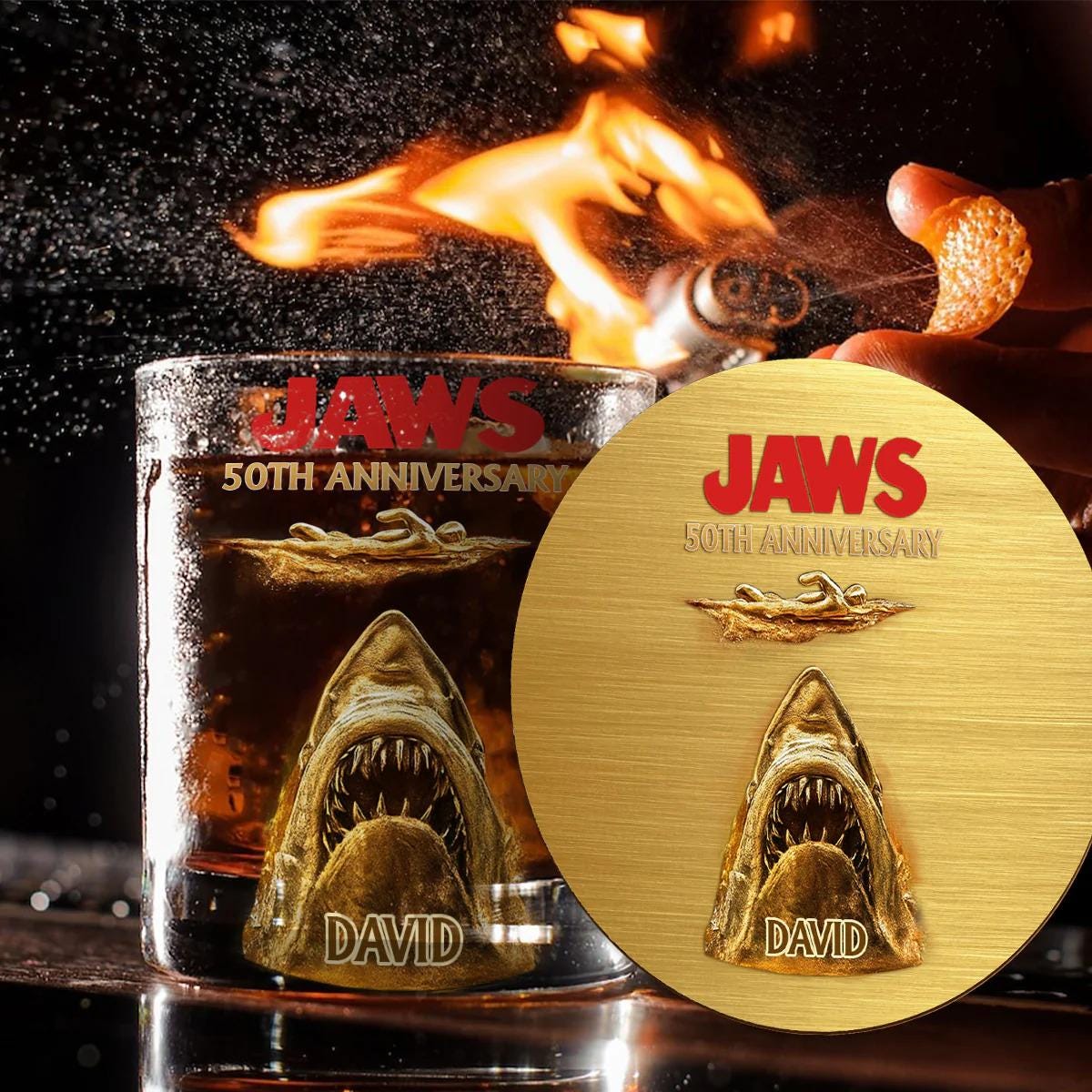 50th Anniversary Scary Shark Personalized Whiskey Glass, Horror Movie Wine Rock Glass Decanter Set Gift for Dad, Whiskey Gift ipatuctt00035