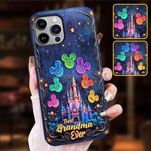 May include: A blue phone case with a colorful castle and stars. The case has the text "Best Grandma Ever" and several names around the castle.
