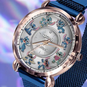 Personlig Loving Stitch-klocka med metallrem för kvinnor, blå Ohana-monstermagnetisk armbandsklocka, Stitch-fläktklocka, present till henne ipatusth00415