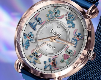 Personalized Loving Stitch Women Metal Strap Watch, Blue Ohana Monster Magnetic Wrist Watch, Stitch  Fan Watch, Gift for Her ipatusth00415
