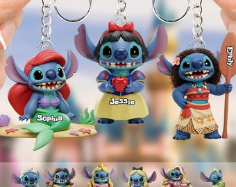 Personalized Ohana Monster Princess Flat Keychain for Stitch Fan, Funny New Stitch Keychain, Cartoon Key Holder, Gift for Her ipatusth00065