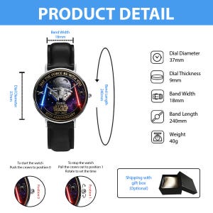 May include: A black leather band watch with a silver bezel. The watch face features a Star Wars design with the text "MAY THE FORCE BE WITH YOU" and "STAR WARS 1977-2027 50TH ANNIVERSARY". The dial diameter is 37mm, band width is 18mm, and band length is 240mm.
