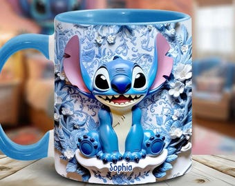 Caneca personalizada com detalhes do Stitch, caneca bicolor azul com estampa floral de monstro, caneca plana com estampa de desenho animado do Havaí, presente para ela, presente para fã do Stitch sth6413