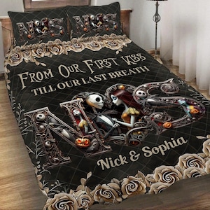 Conjunto de colcha de caveira com alfabeto personalizado, conjunto de cama acolchoado com letras iniciais, capa de edredom com travesseiro do nosso primeiro beijo até o nosso último suspiro jak7307