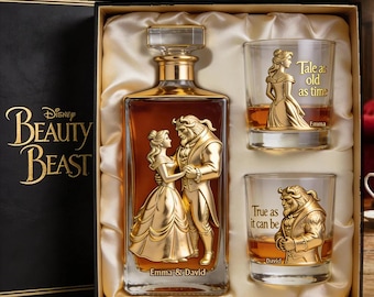 Juego de decantador de whisky personalizado para pareja, cuento tan antiguo como el tiempo, regalo de aniversario de amor mágico, impresión plana (no dorada) ipatubtb00022