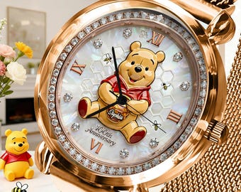 Montre personnalisée avec bracelet en métal, ami ours, montre-bracelet magnétique anniversaire ours miel, cadeau dessin animé pour elle, sans cristal ipatupoh00029