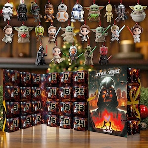 May include: A Star Wars-themed advent calendar with miniature character ornaments. The calendar features numbered boxes and a cover with Darth Vader. Hanging ornaments include characters like Yoda, Darth Vader, and Baby Yoda.