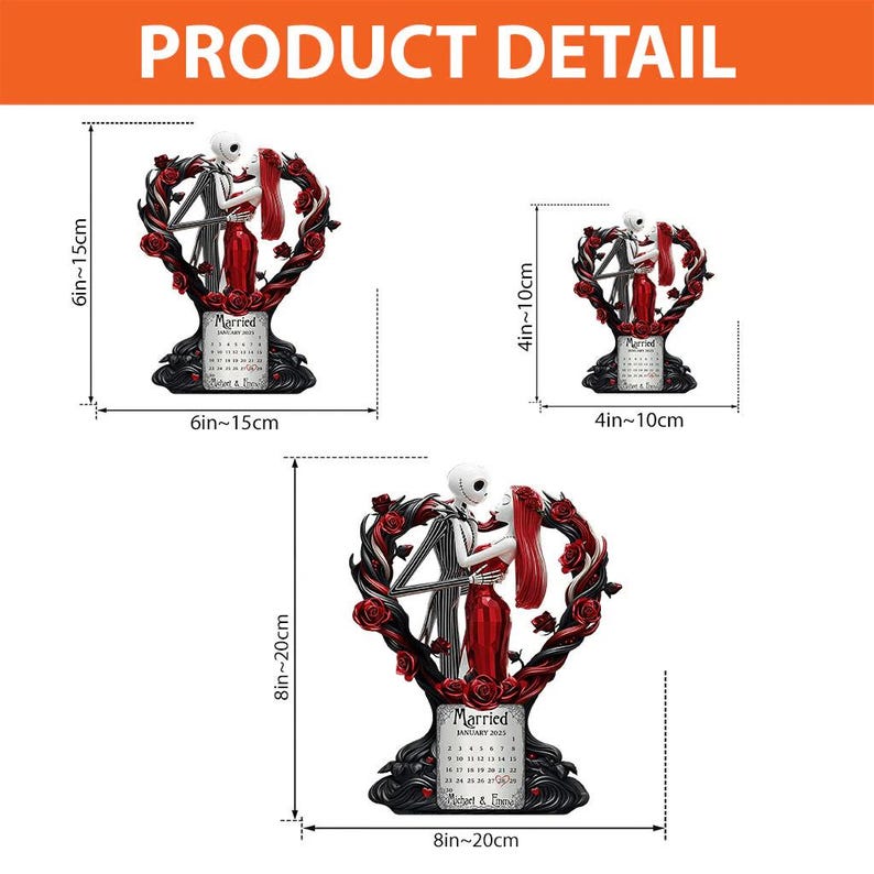 Puede incluir: Figuras decorativas de una pareja de esqueletos en un marco en forma de coraz&oacute;n con rosas. Las figuras son en blanco, negro y rojo, con un calendario que dice "Married January 2025". La figura m&aacute;s grande mide 20 cm de alto.