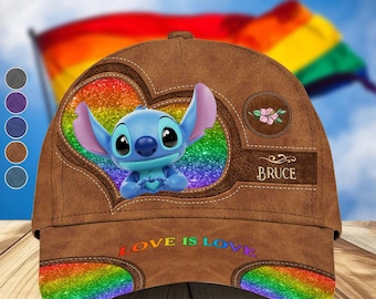 Boné Ohana Clássico Personalizado LGBT, Boné Anjo Stitch "Love Is Love" para o Mês do Orgulho, Boné LGBTQ, Presente para Gays, Lésbicas e Bissexuais ipatulgt00027