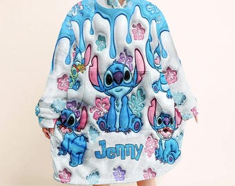Ohana Means Family Personalized Ohana Blanket Hoodie, Blue Monster Inflated Hooded Blanket with Pocket, Cute Cartoon Fleece Hoodie sth5972