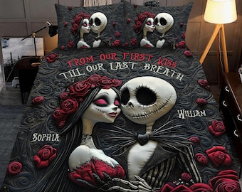 Personalized Jack Sally Floral Bedding Set, Skull Couple with Roses Pillow Set, From Our First Kiss Till Our Last Breath Duvet Cover jak7337