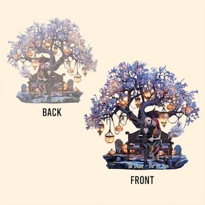 Puede incluir: Figura decorativa con Jack y Sally de Pesadilla antes de Navidad, sentados en un banco bajo un &aacute;rbol con faroles colgantes. La base incluye calabazas, l&aacute;pidas y la frase "Till Death Do Us Part."