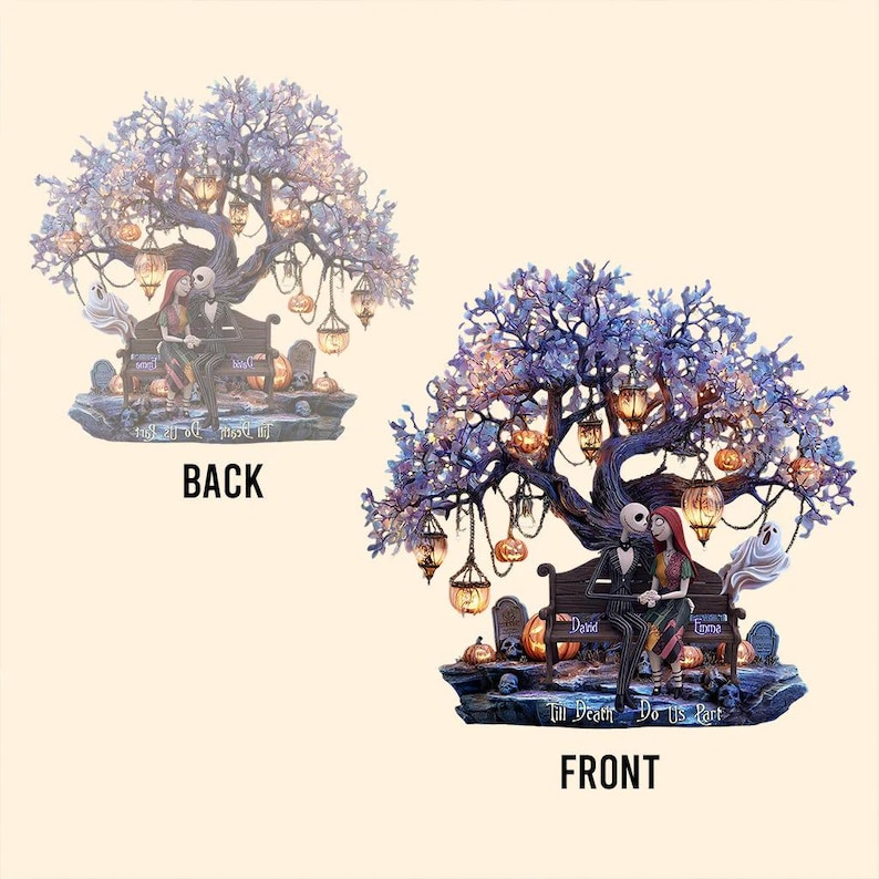 Puede incluir: Figura decorativa con Jack y Sally de Pesadilla antes de Navidad, sentados en un banco bajo un &aacute;rbol con faroles colgantes. La base incluye calabazas, l&aacute;pidas y la frase "Till Death Do Us Part."