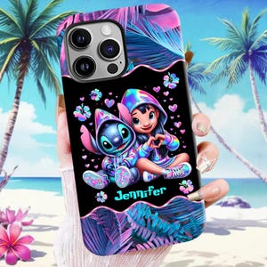 Neon Lilo and Stitch Personalized Phone Case for iPhone Samsung, Hawaii Ohana Cartoon Hologram Summer Phone Case, Gift for Her ipatusth00201