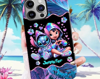 Funda de teléfono personalizada de neón de Lilo y Stitch para iPhone y Samsung, funda holográfica de verano con dibujos de Hawaii Ohana, regalo para ella ipatusth00201