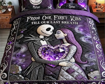 Juego de edredón personalizado "De Nuestro Primer Beso", juego de cama gótico con calaveras y funda nórdica con almohada de San Valentín en color morado cristal, ipatujak00490