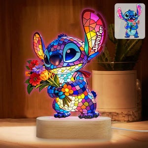Personalisierte Monster mit Blumen LED-Nachtlicht, Buntglas Monster Licht, Ohana Wohnung Tischlampe, Cartoon Licht Geschenk sth6398