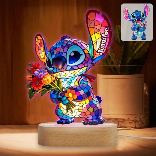 Personalized Monster with Flower LED Night Light, Colorful Monster Light, Ohana Flat Tableside Lamp, Cartoon Light Gift sth6398
