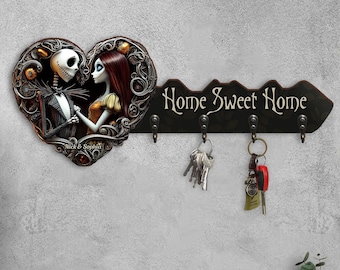 Llavero personalizado "Hogar, dulce hogar", diseño de pesadilla, con calaveras para fans de Jack y Sally, regalo de San Valentín para él, regalo de boda jak7422