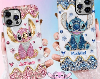 Funda personalizada de monstruo Ohana de cristal para iPhone y Samsung, diseño de Hawái en rosa y azul, regalo para San Valentín (sth6357)