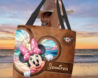 Bolso de mano de cuero personalizado con un ratón adorable, bolso de lona con un monstruo azul, bolso de Disneyland, bolso de hombro con vidrieras sth6144