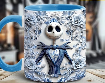 Taza personalizada con calavera Toile de Jouy, diseño gótico floral azul bicolor, taza de cerámica con calavera, regalo para fanáticos de las películas de terror jak7447