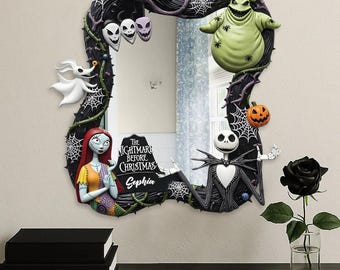 Personalized Nightmare Wall Hanging Mirror, Horror Movie Halloween Mirror, Jack Sally Monster Decor Gift for Him, Real Mirror ipatujak00172