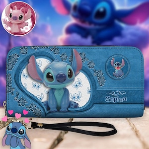 Carteira longa de couro Stitch personalizada, carteira com estampa jeans monstro azul, carteira com desenho Aloha Stitch fofa, presente para ela ipatusth00072