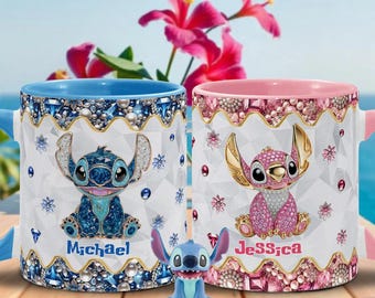Pink Blue Stitch Couple Personalized Accent Mug, Blue Monster Crystal Two Tone Cup, Cartoon Mug, Gift for Her, Gift for Him sth6347