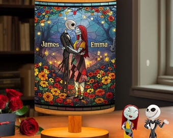 Personalized Till Death Do Us Part Table Lamp with Wood Base, Stained Glass Jack Sally Night Light, Romantic Couple LED Light ipatujak00069