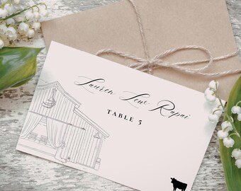 Custom Venue Placecards with Meal Selection, Line Sketch, custom architecture