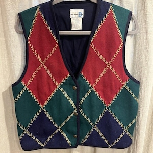 Vintage Paul Harris Design Vest Womens M Wool Blend Red And Green Gold Buttons