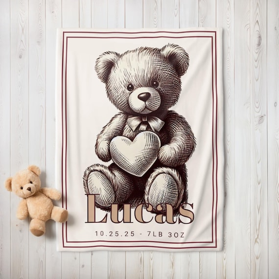 Teddy Bear Name Blanket, Personalized Name Birthdate Blanket