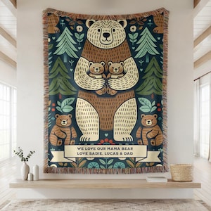 Benutzerdefinierte Mama Bär Baumwollgewebte Decke, personalisierte Decke mit Kindernamen, Geschenk für Mutter Oma, Muttertagsdecke, sinnvolles Muttergeschenk
