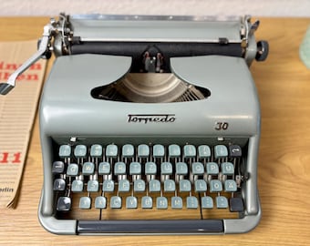Vintage Torpedo 30 Typewriter – Blue German Manual Typewriter – 1950s Working Machine with Case – Retro Writing Gift