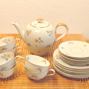 Vintage Heinrich & Co Bavaria Tea Set – 19-Piece German Porcelain Service – White Gold-Rimmed Cups Plates Teapot Elegant European Tableware