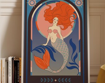 Art Deco Mermaid Print, Celestial Ocean Goddess Illustration