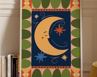 Whimsical Celestial Moon Print, Retro Folk Art Poster, Dreamy Boho Nursery & Kids Wall Decor