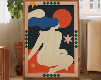 Lámina artística de la Mujer Celestial, Arte abstracto femenino para pared, Decoración retro de sol y estrellas