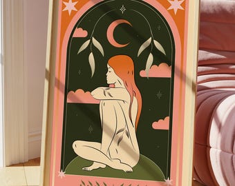 Arte de parede para ioga e meditação – Impressão da Deusa da Lua para espaços calmos e tranquilos | Decoração para bem-estar espiritual