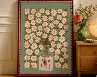 Bloom Where You Are Art Print, Daisy Bouquet Poster, Sage Green Retro Floral Wall Decor, Motivational Botanical Physical Art Print