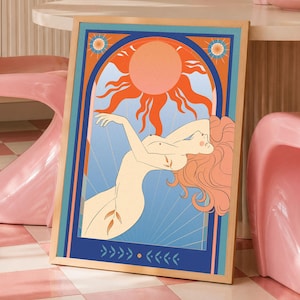 Sun Goddess Wall Art, Celestial Feminine Art Print, Art Deco Goddess Poster, Divine Feminine Mystical Woman, Vintage Celestial Wall Art