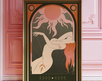 Art Deco Sun Goddess Print, Celestial Feminine Wall Art, Vintage Tarot Inspired Poster
