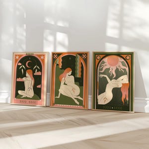 Mystic Tarot Wall Art Set of 3 — a celestial printable gallery featuring boho, witchy, and spiritual designs inspired by tarot symbolism and divine feminine energy. Perfect for meditation spaces, boho bedrooms, or sacred altars. Each digital print radiates cosmic harmony, intuition, and enlightenment. Instantly downloadable, high-resolution artwork for creating a cohesive and mystical gallery wall filled with moon, star, and tarot-inspired motifs that elevate your spiritual home decor.